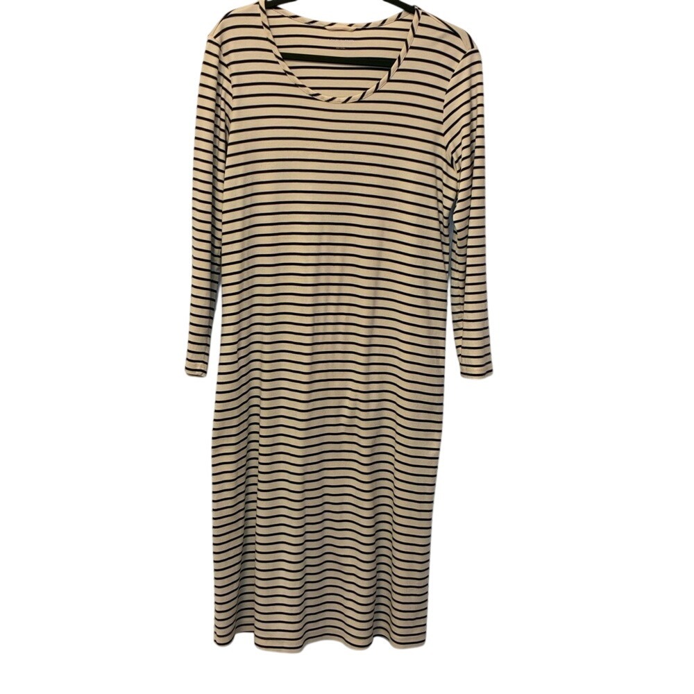 Lands End Striped Long-Sleeve Midi Dress - Cream & Black Medium